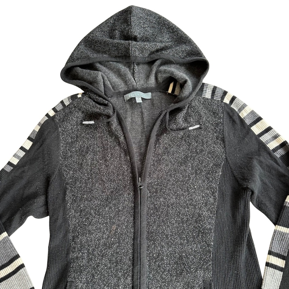 Title Nine Merino Wool Full Zip Hoodie Black Gray Striped Sleeve Sweater Medium
